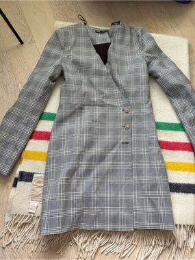 Zara Gray Plaid Tailored Long Blazer Coat